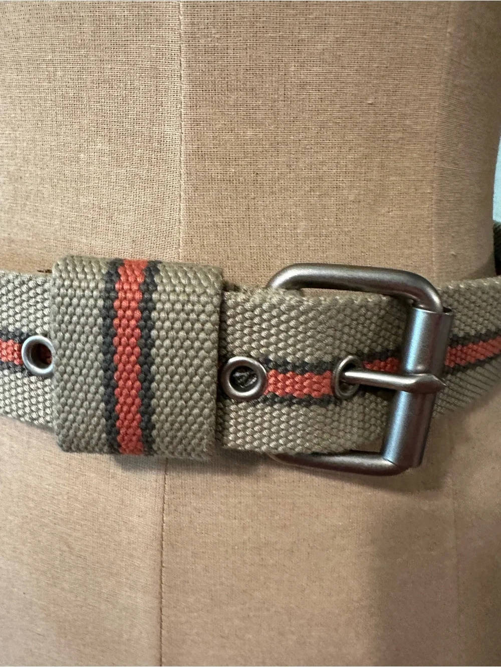 Mexx Olive Canvas Web Belt with Red-Black Stripe